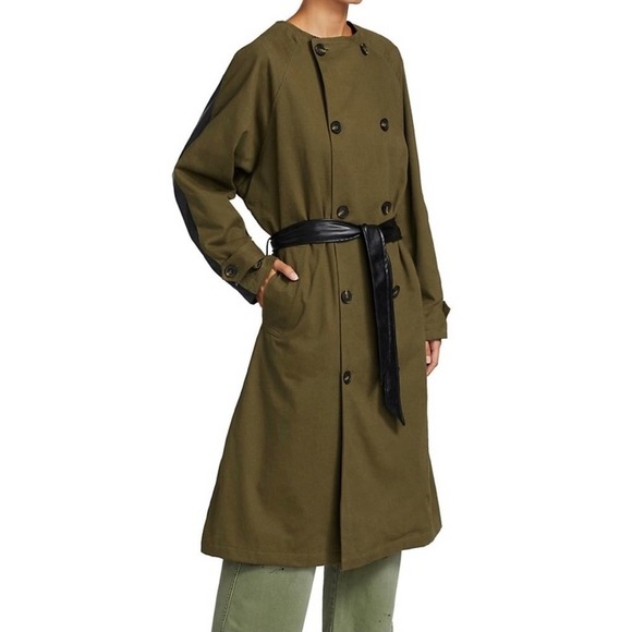 NWT NSF Gladys Contrast Belted Trench Coat Faux Leather Back in Olive Green Sz 2 - Picture 13 of 14